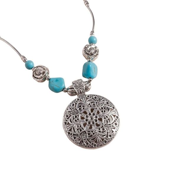 Bohemian Turquoise Medallion Necklace - Picture 4 of 4